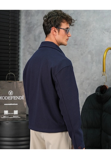 Modefendi Orta Slim Fit Düğme Detaylı Kaşmir Kaban Lacivert