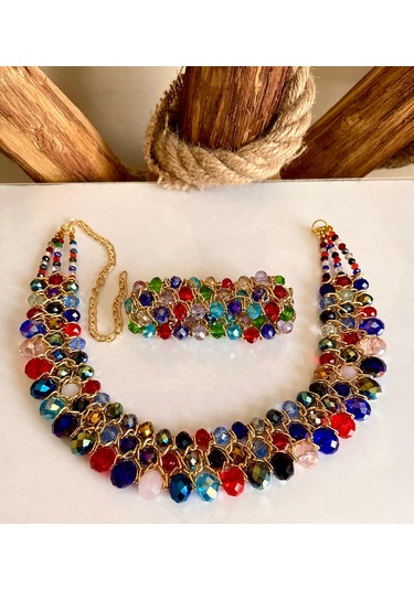 Çok Renkli Kristal Taşlı Türk El Yapımı Gerdanlık Kolyeve Bilezik Çok Renkli