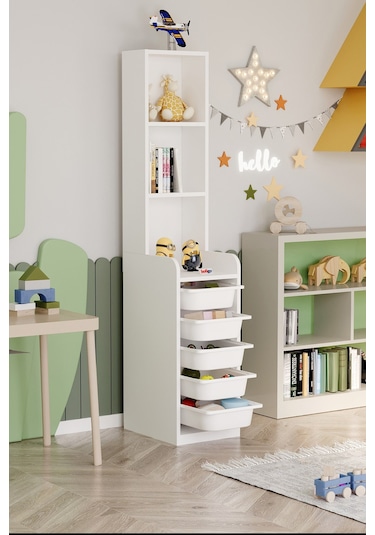 Bofigo 5 Sepetli 3 Raflı Dolap Çok Amaçlı Dolap Oyuncak Dolabı Derya Beyaz Beyaz