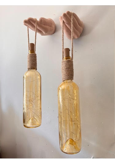 El Figürlü Duvar Lambası Pilli Led Işıklı Dekoratif Vitray Boyalı Cam Şişe Aydınlatma Vintage El Sarı Işık