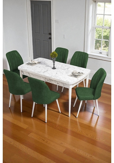 Bara Siyah Mermer 80x132 Açılabilir Sunta Masa Yemek Odası Takımı, Mutfak Takımı 6 Adet Sandalye Yeşil