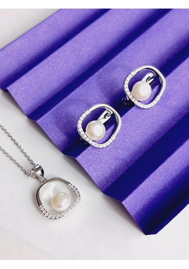 Gümüş Beyaz İnci Asimetrik Modern Tasarım Kadın Set Kolye Küpe