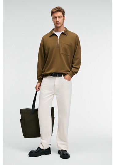 AUGUST Erkek %100 Pamuk Yarım Fermuarlı Yakalı Cepli Süs Etiketli Haki Sweatshirt