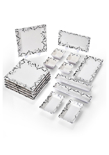 Piatti Naturali 16 Parça 6 Kişilik Mermer Kahvaltı Takımı Handmade Sunum Seti Siyah