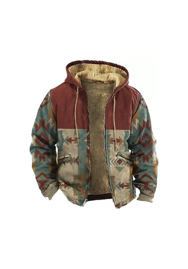 Erkek Kadife Kalın Fermuarlı Baskılı Hırka Ceket Kahverengi