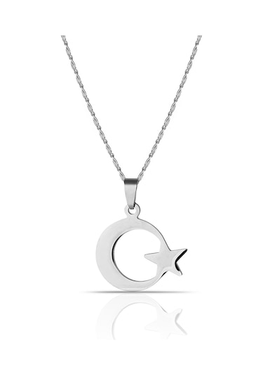 Erkek Ay Yıldız Çelik Kolye -55 Cm Zincir Dahil Ps0302 Gümüş