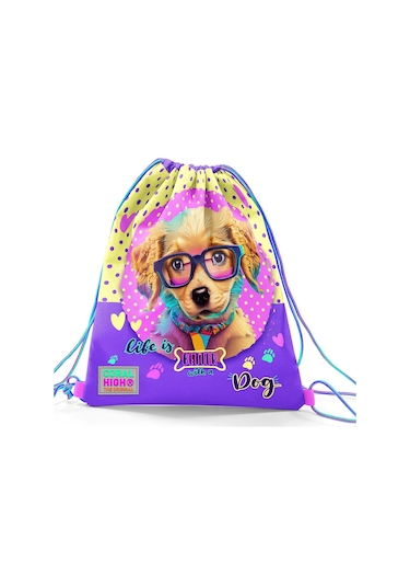 Coral High Kids Sarı Pembe Sevimli Köpek Desenli İpli Büzgülü Sırt Çantası 12646 Pembe