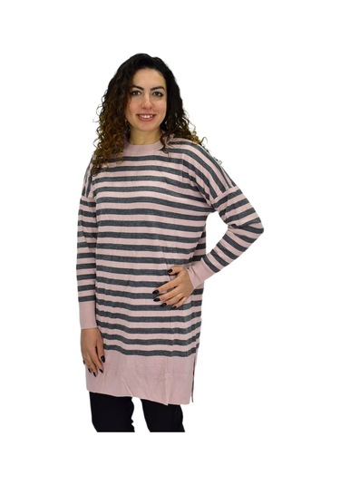 Kadın Çizgili Oversize Kazak Bgl-st04083 Pudra