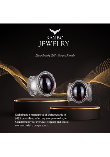 Doğal Taş Yüzük, 925 Ayar Gümüş Yüzük, Cabochon Garnet Gümüş