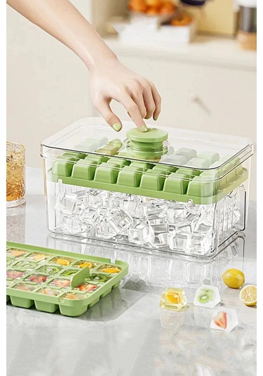 Tilbe Home 2'li Yeni Nesil Basmalı Çift Buz Kalıbı Buzluk Kapaklı Saklama Kutulu 56 Bölmeli Haznel Renkli