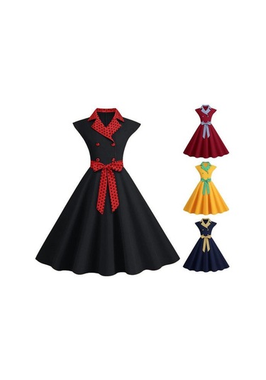 Zarif Bayan Elbise Nokta Baskılı Yaka Yaka Yay Üzerinde Bel Tatlı Tarzı Rahat Parti Elbise Kolsuz Sıkı Bel Ince Orta Uzunlukta Elbise Kadın Sarı