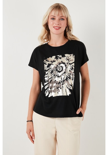 Lela Baskılı Bisiklet Yaka Regular Fit Bayan T Shirt 6671001 Siyah