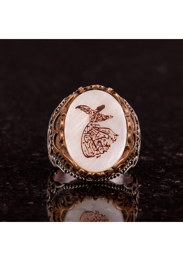 Doğal İnci Taşlı Yüzük, Mevlevi İslami Gümüş Yüzük, 925 Ayar Gümüş Erkek Yüzük Gümüş