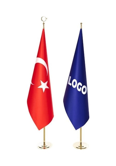 Türk Makam Bayrağı Ve Logolu Makam Bayrağı + Sarı Direk Simsiz Tek Ebat