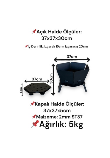 Altıgen Ateş Çukuru, Tam Katlanır Pratik Şömine - Çantalı Siyah