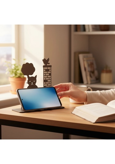 Meditasyon Yapan Kedi Ve Kuş Tasarımlı Dekoratif Metal Telefon Standı