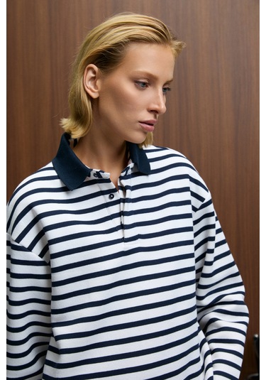 Grımelange Muse Kadın Çizgili Triko Polo Yakalı Regular Fit Lacivert Sweatshirt Lacivert