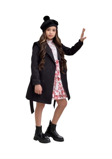 Riccotarz Kız Çocuk Üzeri Dantel İşlemeli Elbise Çift Cep Detaylı Kemerli Siyah Trençkot Siyah