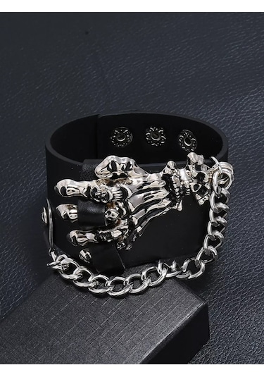 Tevdı Zincirli Kafatası Punk Metal Eko Deri Bileklik 198603655 Siyah