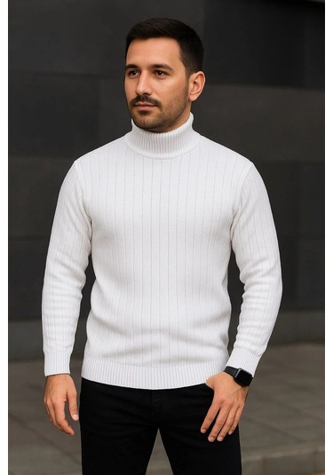 Erkek Fitilli Triko Kazak 2'li Set Beyaz Siyah Regular Balıkcı Yaka Tam Boğazlı Triko Seti Modeli Ka Beyaz Siyah