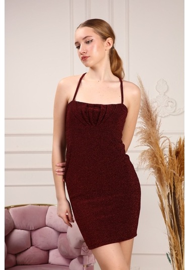 Gimer - Ip Askılı Göğsü Büzgülü Kadın Elbise - Gsp3824G Bordo