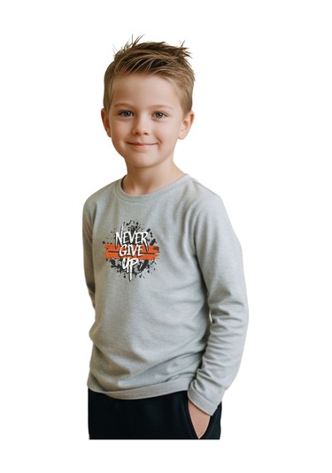 Düz Yuvarlak Yaka Nevver Give Baskı Detaylı Erkek Çocuk Sweatshirt Gri