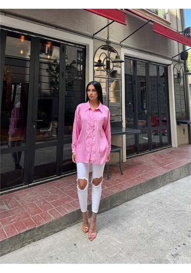Pembe Çizgili Oversize Düğmeli Gömlek Pembe