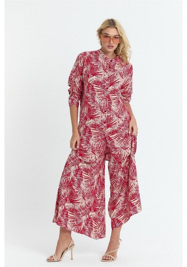 Schık Kadın Viskon Rahat Bol Paça Truvakar Kol Önü Düğme Baskılı Takım Kırmızı