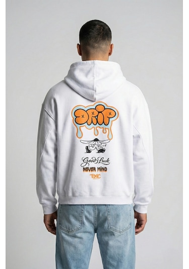 Unisex Sevgili Çift Kombini Oversize Sırt Baskılı Grafik Hoodie Beyaz
