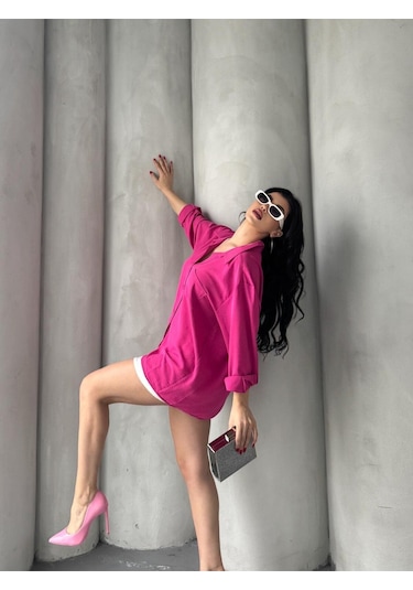 Paw Garage Kadın Flory Ayrobin Oversize Tek Cep Gömlek Pembe