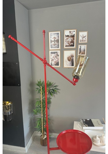 Windy Kırmızı Gövde Bal Rengi Cam Lambader Tepsili Makas Gövde Modern Oturma Odası Natural