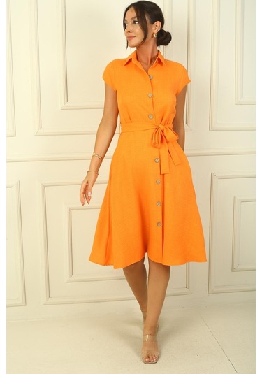 Önü Düğmeli Beli Kuşaklı Cepli Keten Elbise-38560-oranj