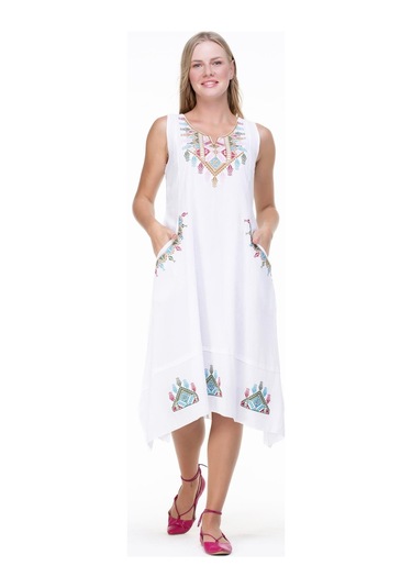 Kolsuz Şile Bezi Antik Nakışlı Midi Boy Elbise Beyaz Byz-beyaz