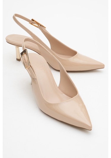 Arty Bej Rugan Sivri Burun Arkası Açık Kadın İnce Topuklu Ayakkabı Bej Rugan