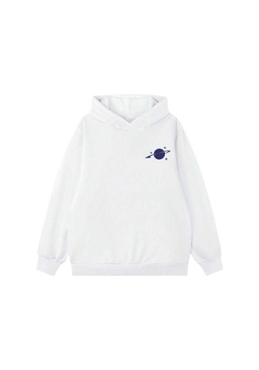 Saturn Cosmos %100 Pamuk Sweatshirt - Beyaz Baskılı Oversize Kışlık İçi Polarlı Kapüşonlu Beyaz