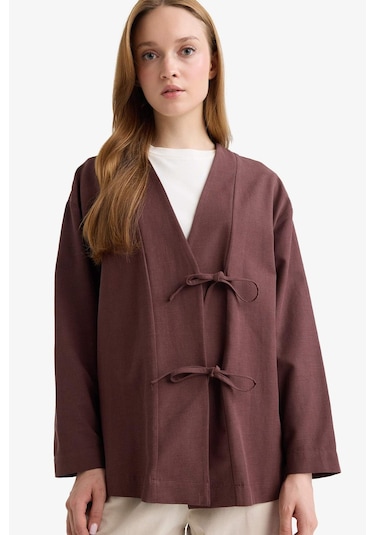 Defacto Regular Fit V Yaka Keten Karışımlı Kimono F7958ax25aubn328 Kahve