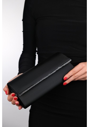 Marıa Siyah Saten Platin Taşlı Kadın Abiye Çanta Siyah