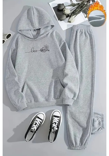 Unisex Love Çizgi Baskılı Kapüşonlu Gri Eşofman Takımı - Kışlık Şardonlu Kumaş Gri