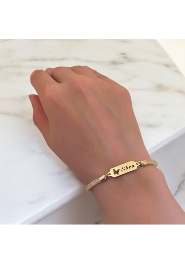 Archin Ebru İsmine Özel 14 Ayar Altın Plakalı Hasır Kordonlu Kelebek Motifli Hediye Bileklik-647isim Ebru