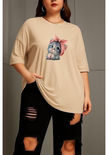 Büyük Beden Minnoş Kedi Baskılı Unisex Tişört Bej