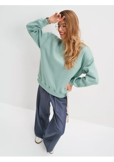 Avese Kapüşonlu Sweatshirt Büyük Beden Pamuklu Kumaş 246044906 Naneli