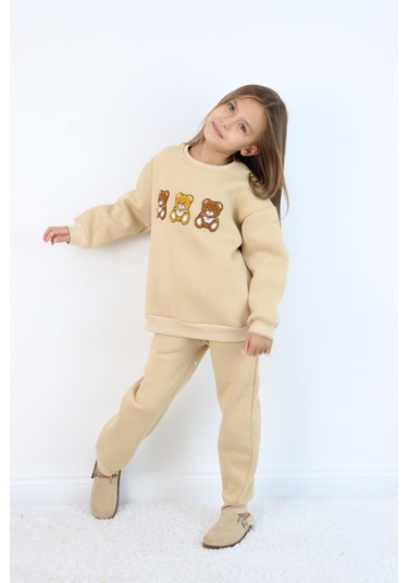 Kız Çocuk 3'lü Ayıcık Nakışlı 3 İplik Oversize Şardonlu Takım Ekru