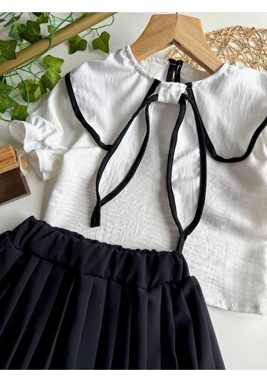 Yazlık Kısa Kollu Bluz Pileli Etek Kız Çocuk Takım Siyah