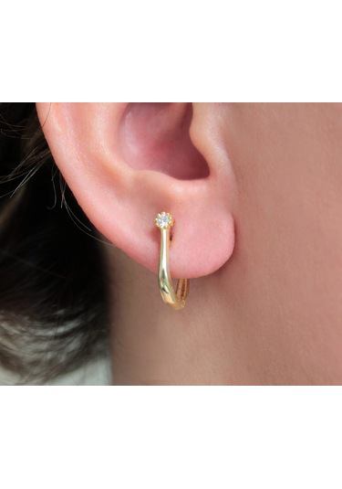 Küçük Zirkon Taşlı Gold Halka Küpe Gümüş