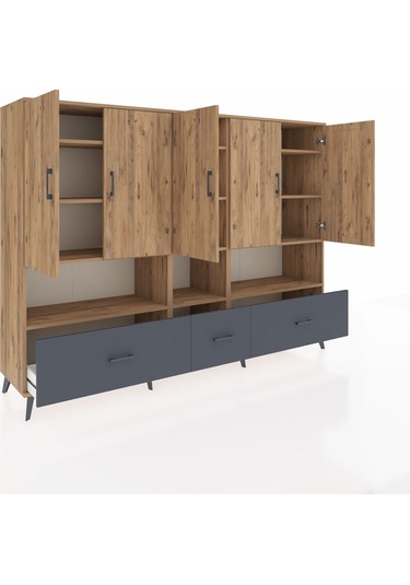 Hyperion Dolap 12 Raflı 3 Çekmeceli 5 Kapaklı 220x44x163 Çam-çam/ Çam-çam/antrasit