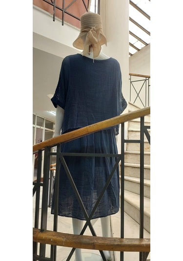 İtalyan Müslin Keteni Üstü File Bluzlu Astarlı Tek Parça Elbise Lacivert