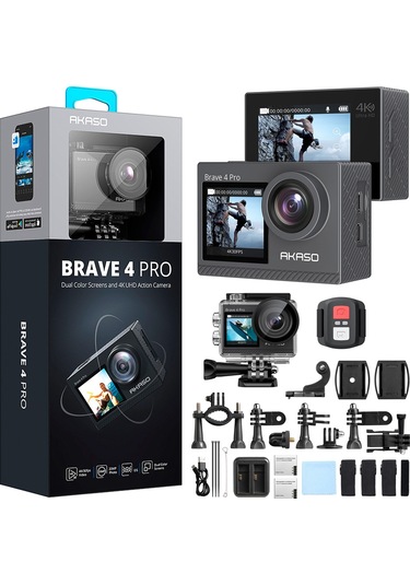 Akaso Brave 4 Pro Dual Screens 4K 30Fps Wi-Fi Aksiyon Kamera ve Süper Aksesuar Seti (Akaso Türkiye 2 Yıl Garantili)