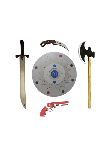 Ahşap 5'li Set Kayı Kalkanı + Kılıcı + Baltası + Bıçağı + Tabanca
