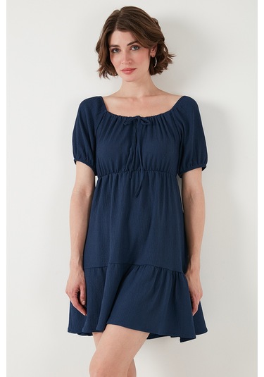 Lela Önü Büzgülü Balon Kollu Mini Bayan Elbise 5869005 Indigo