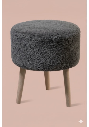 3 Ayaklı Mini Puf - Antrasit Teddy Peluş Kumaşlı Mini Tabure Antrasit